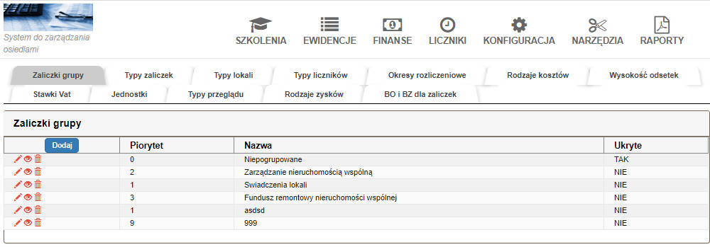 zarządzanie zaliczkami po grupach danego lokalu