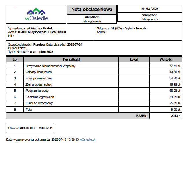 PDF Noty Obciążeniowej - widok zgrupowany