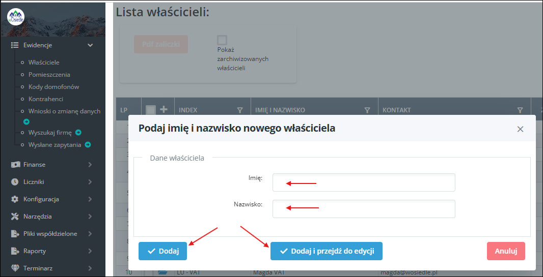 Dodawanie danych nowego właściciela