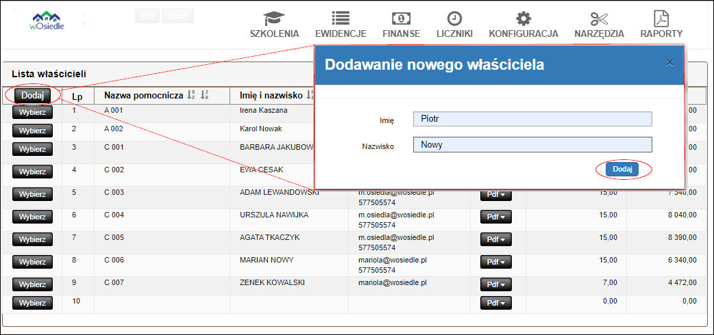 dodawanie nowego właściciela