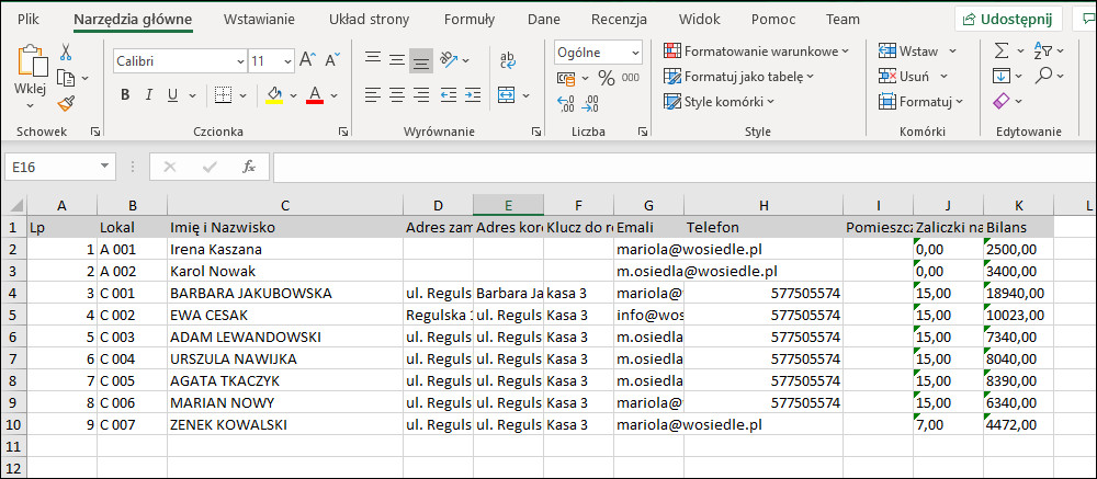 excel eksport właściciela