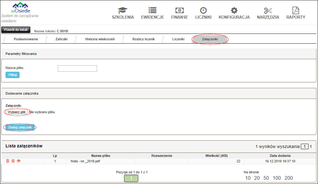 dodawanie załaczników do lokalu