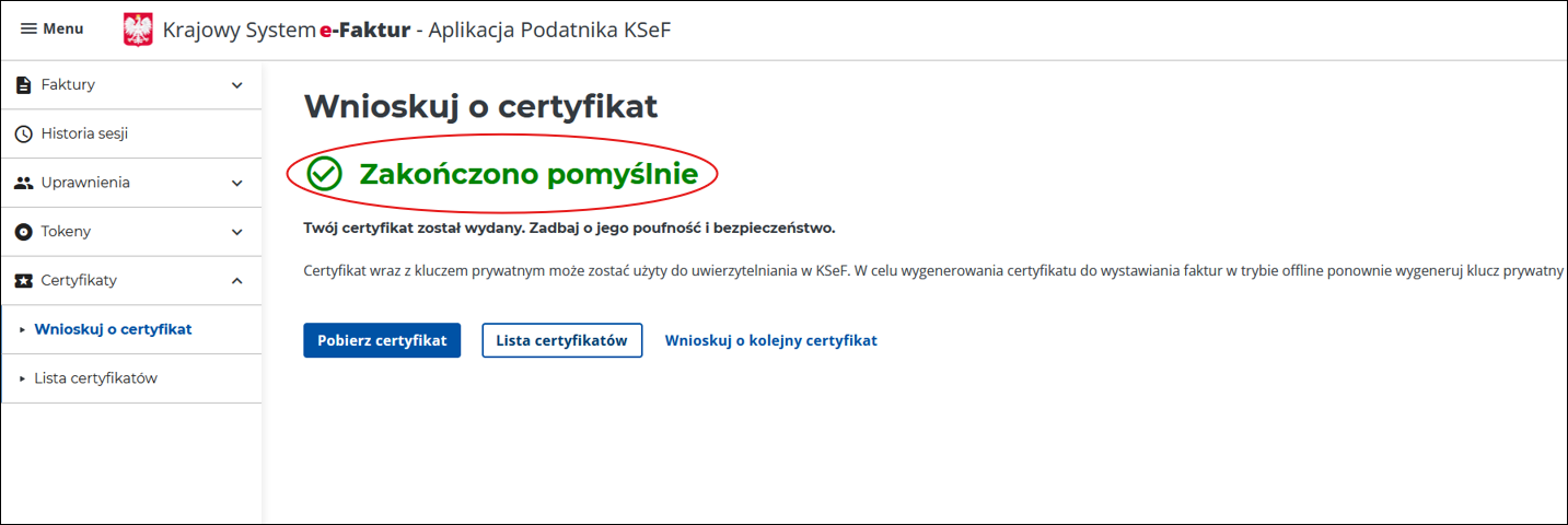 wygenerowany certyfikat KSeF