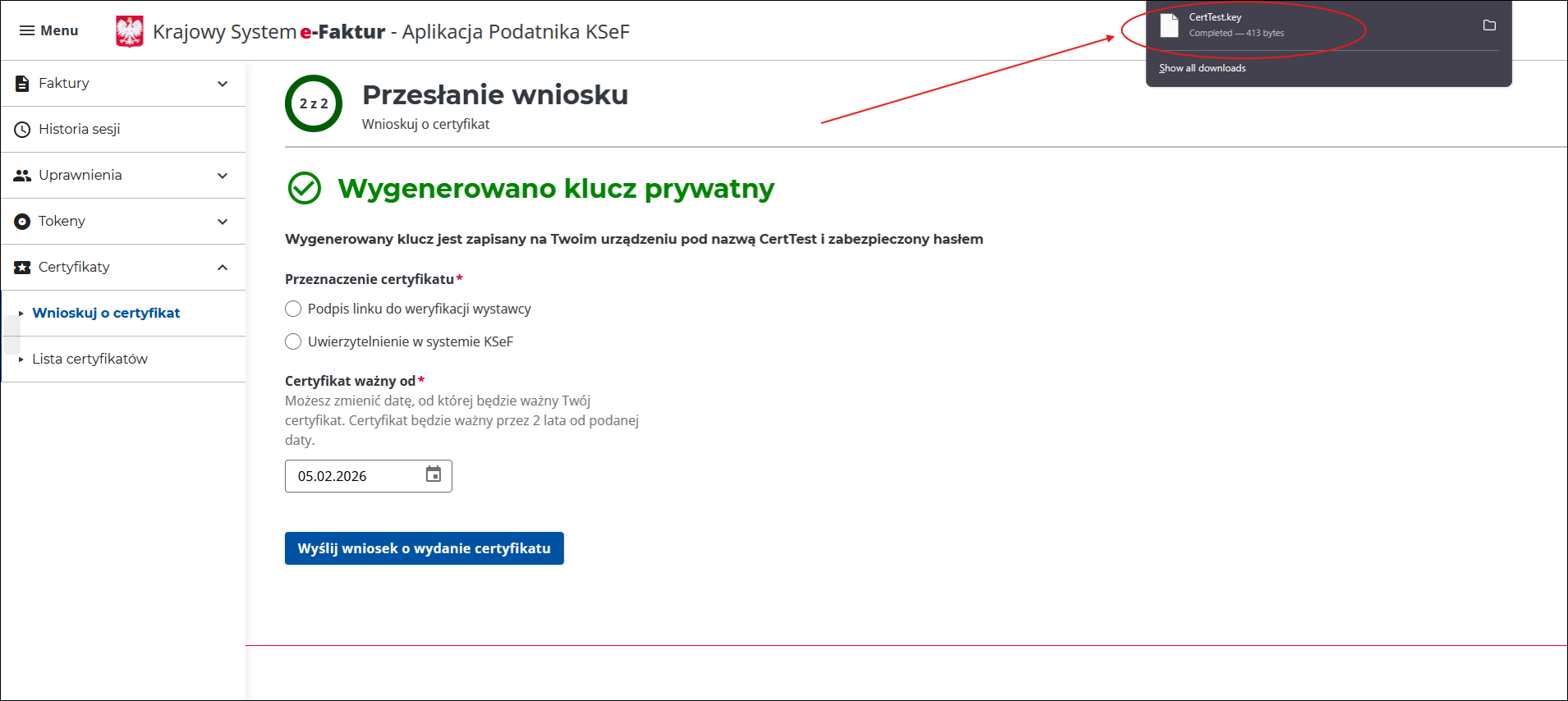 wygenerowany klucz do KSeF
